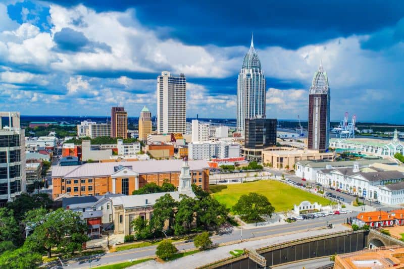 Aerial view of downtown Mobile, Alabama skyline and surrounding city streets