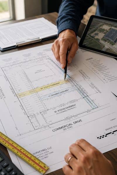 Close-up of a commercial ALTA survey site plan showing utility, drainage, and access easements during a property review meeting