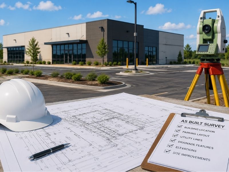 Survey equipment and construction plans beside a completed commercial property during an as built survey after construction work.