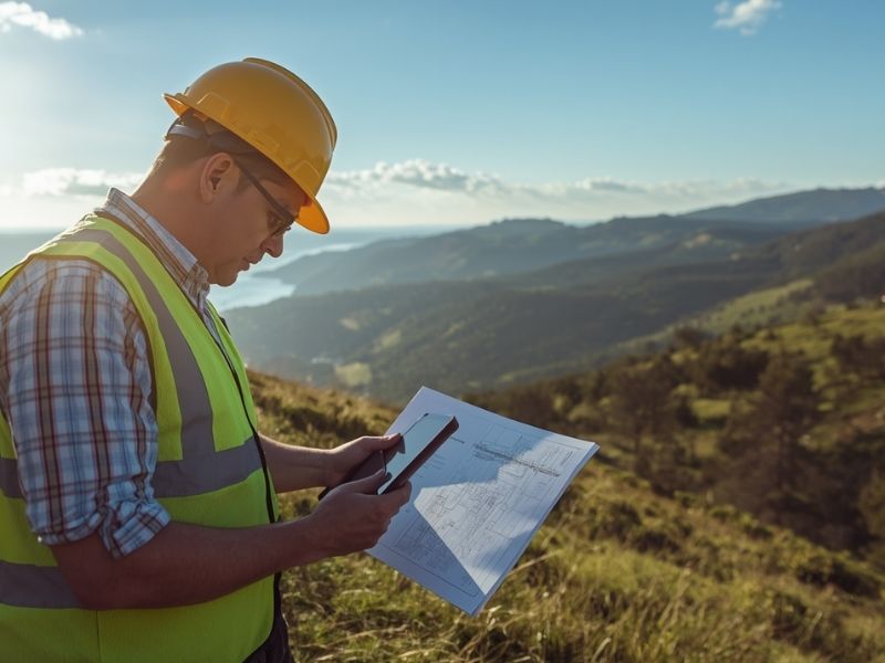 Surveyor reviewing land plans on a sloped property during a boundary survey assessment