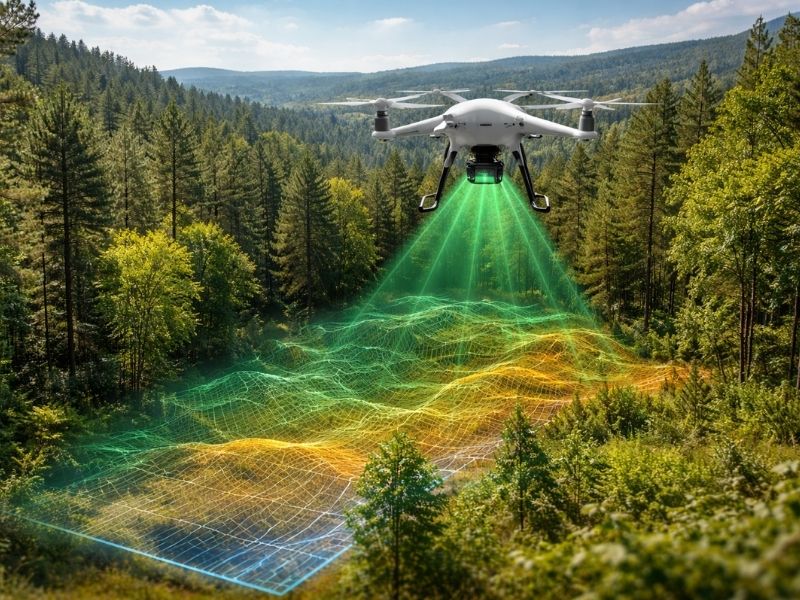Drone performing LiDAR mapping above a forested area with a digital terrain elevation scan revealing hidden ground contours