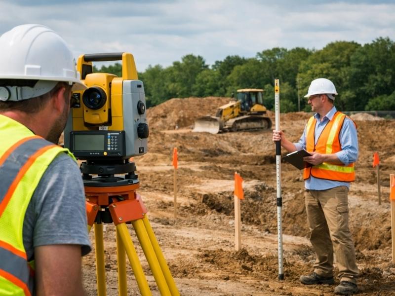 Licensed surveyors conducting site measurements and collecting field data at an active construction and land development project