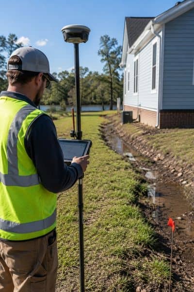 Surveyor performing a topographic survey near a residential drainage area