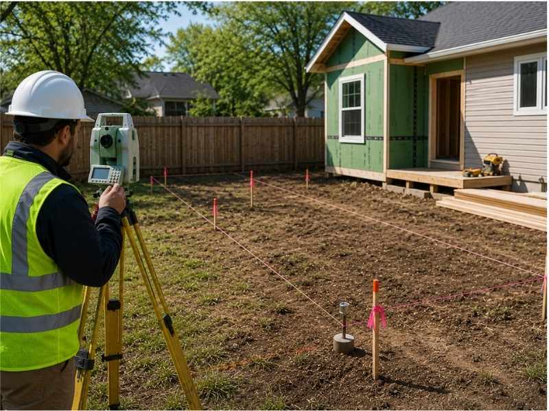 Boundary survey performed for a home addition project to help avoid permit delays and verify property lines and setback requirements