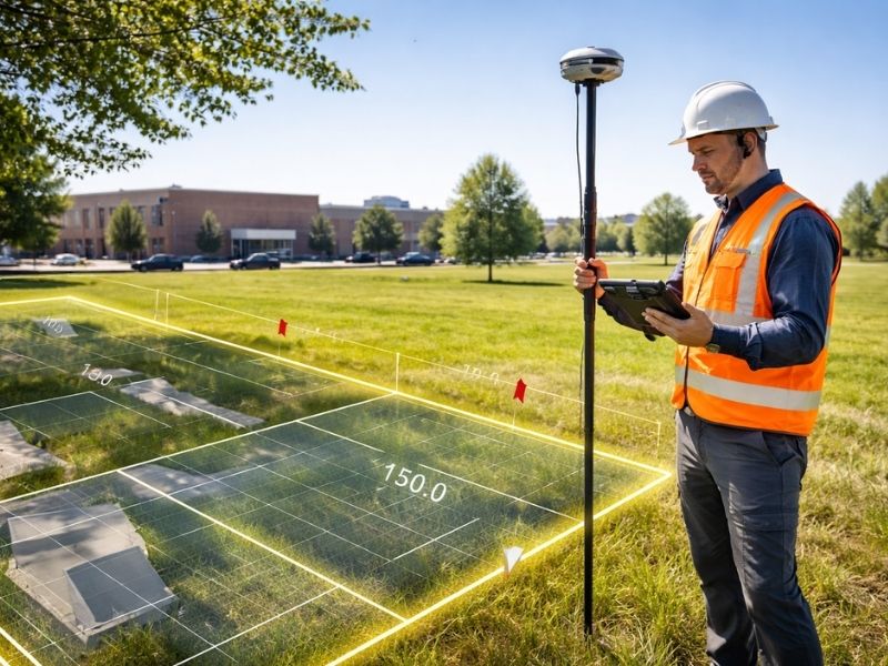 Land surveying professional using GPS equipment to verify property boundaries and parcel measurements