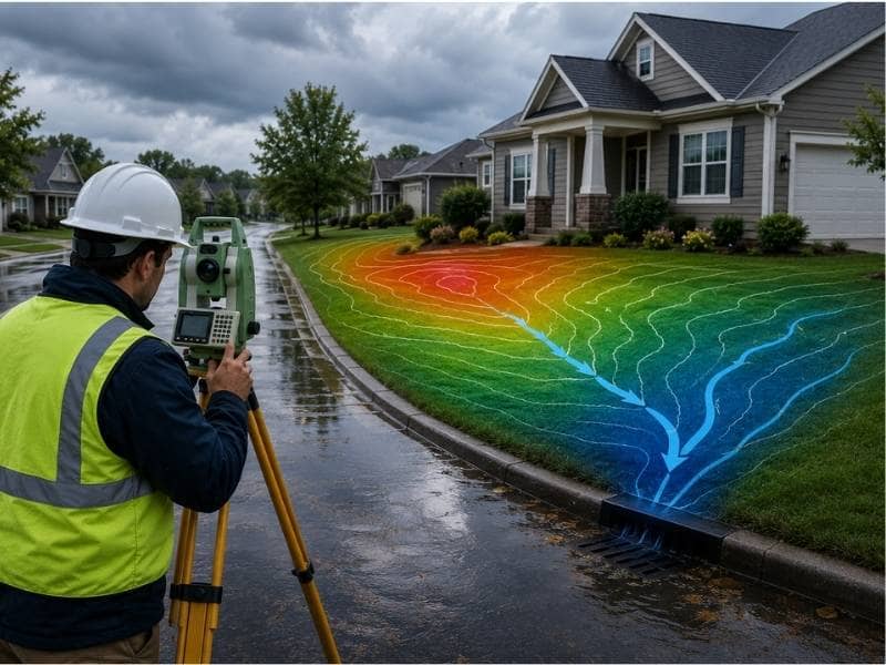 Professional land surveyor using digital topographic equipment to map elevation data and identify critical house survey red flags in flood prone neighborhoods.