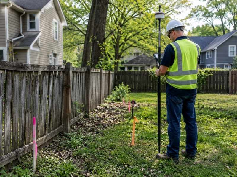 Land survey for fence projects showing a surveyor marking an old property line near a weathered backyard fence.