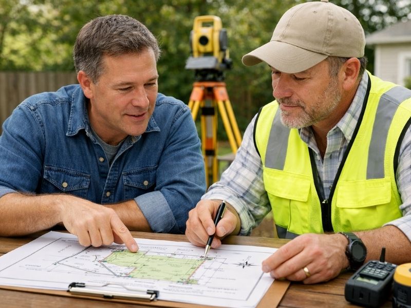 Licensed land surveyor reviewing a property survey map with a client before starting a land surveying project