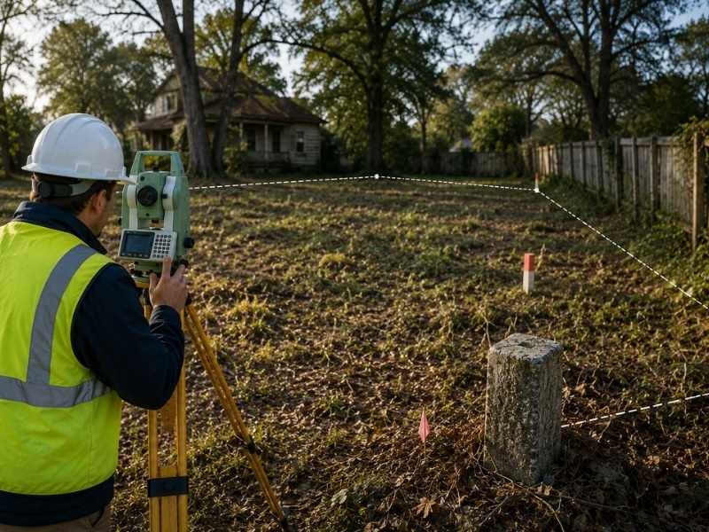 Professional land surveyor conducting a boundary survey on an older lot to verify property lines before a real estate purchase.
