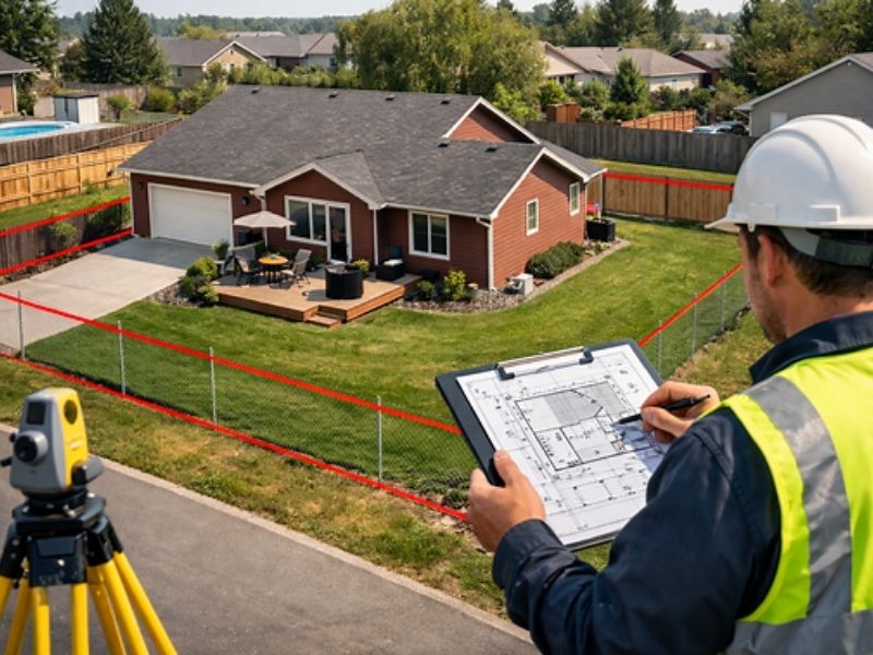 Land surveying professional identifying property lines and boundary corners on a residential lot before construction or fence installation