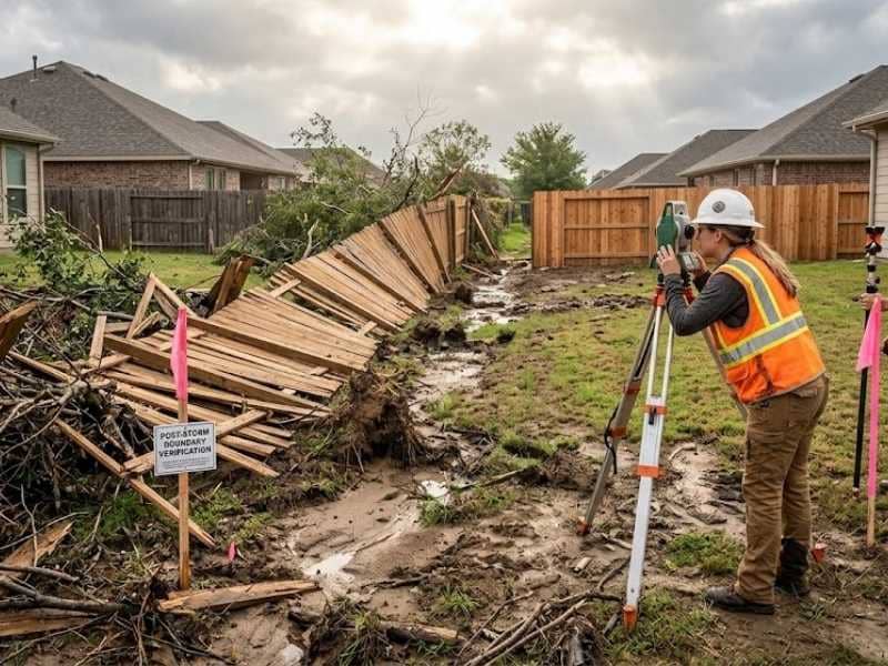 Professional land surveyors marking boundaries for a land survey for fence replacement after storm or drainage damage shifts the soil and property markers.
