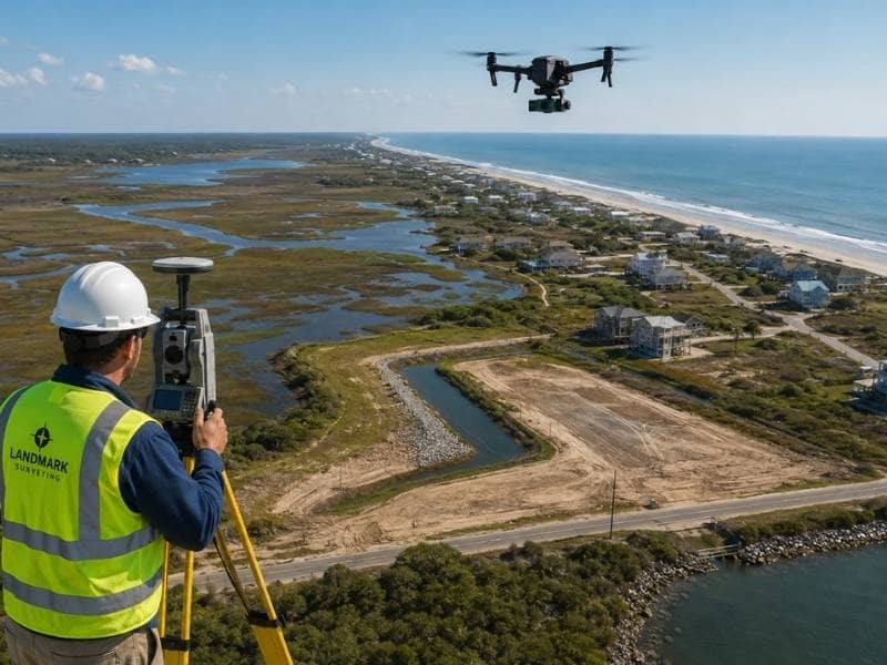LiDAR Mapping and Topographic Survey Data for coastal site planning showing a surveyor and drone collecting terrain information near coastal property.