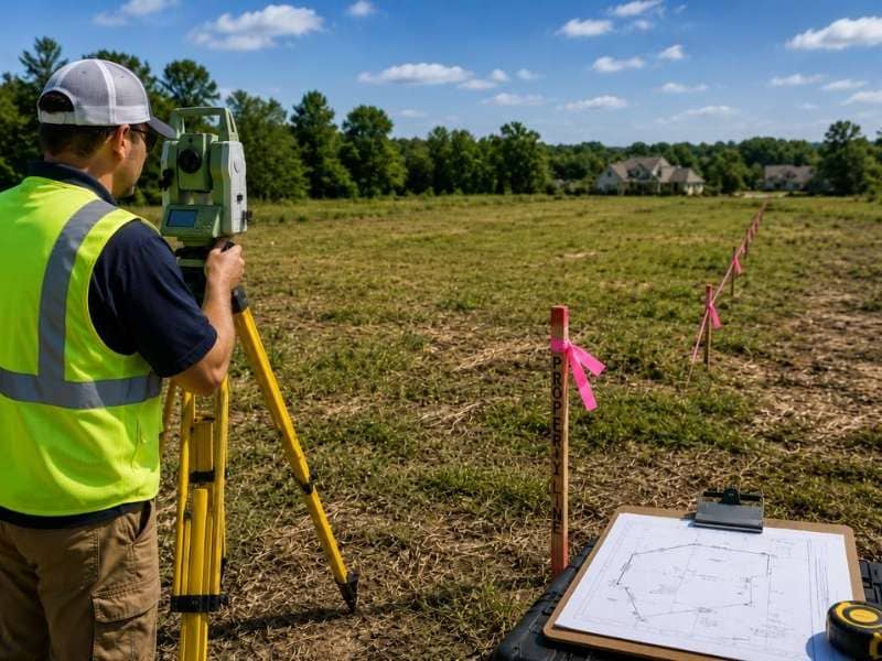 Land surveyor marking property lines on vacant land before future building plans.
